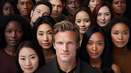faces of men and women of different nationalities and ages on a black background