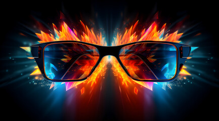 Stylish sunglasses surrounded by radiant neon glow and abstract laser patterns. Modern abstract background