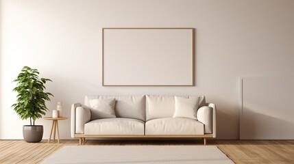 Fototapeta na wymiar A white frame mockup in a minimalist living room with a beige sofa, wooden floor, and a hint of natural light.