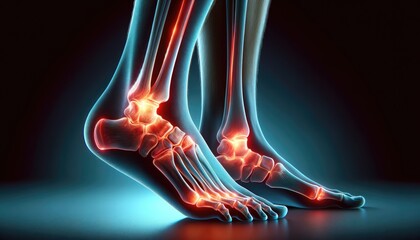 An X-ray style medical image highlighting critical areas of a human foot, illustrating potential pain points or injuries such as fractures or sprains, with red areas against a blue background. - obrazy, fototapety, plakaty