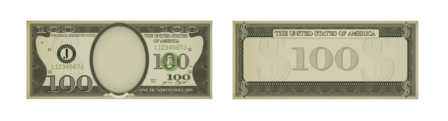 One hundred dollar banknote template. US fake cash 100 usd note. Game joke money - obrazy, fototapety, plakaty