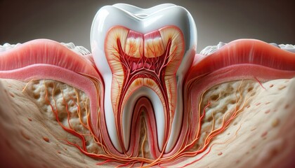 Cross section of a healthy human tooth and surrounding gums, highlighting the complex internal structure including the enamel, dentin, pulp, roots, nerves, and blood vessels. - obrazy, fototapety, plakaty