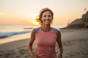 Fototapeta premium Portrait of a grinning woman in her 40s wearing a moisture-wicking running shirt against a stunning sunset beach background. AI Generation