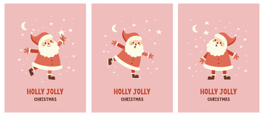 Fototapeta na wymiar Set of Christmas Cards. Winter Holidays Vector Retro Cards with Cute Happy Santa. Hand Drawn Funny Santa Claus on a Pastel Pink Background. Handwritten Holly Jolly. Lovely Christmas Print. Rgb Colors.