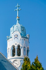 Bratislava Blue Church close up of Art Nouveau clock tower with copy space