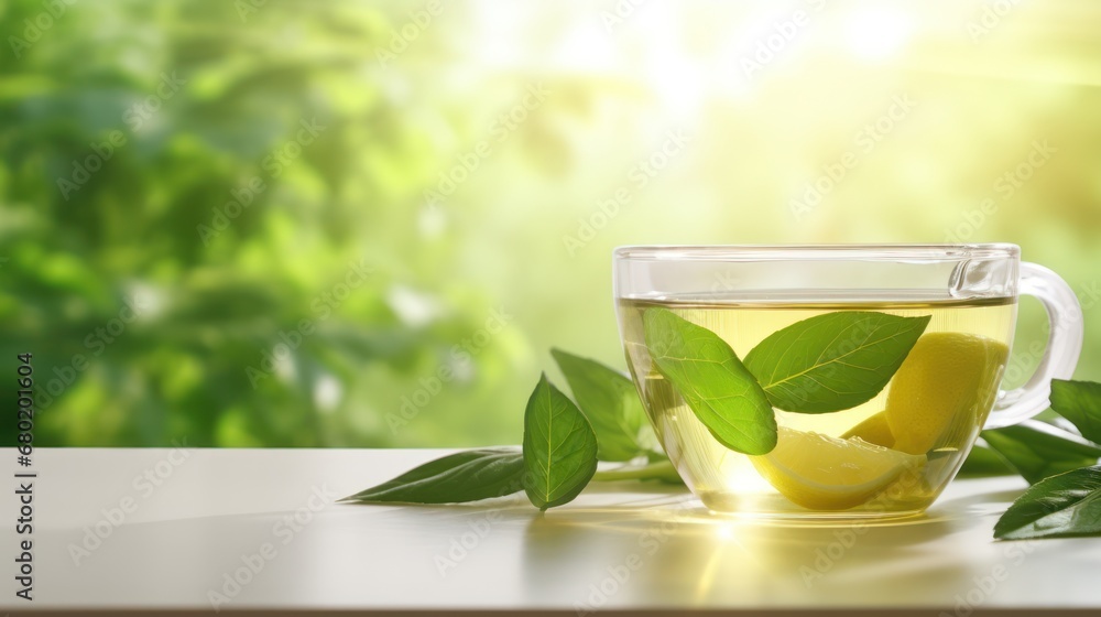 Aufkleber a cup of green tea with lemon slices and leaves on a table in front of a window with sunlight stream