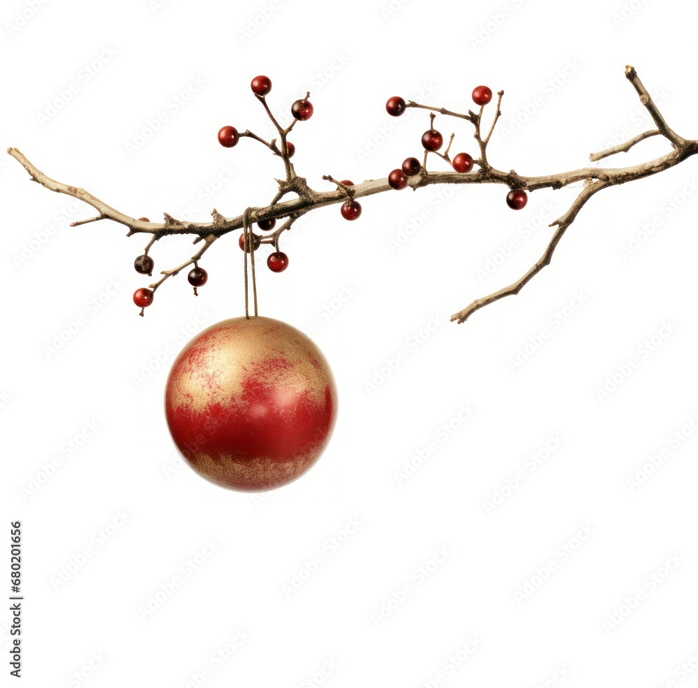 Poster a red ornament hanging from a tree branch with red berries hanging off of it's branches in front of 