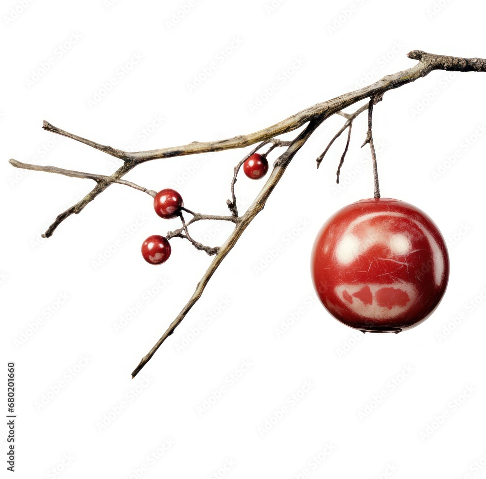 Poster a red ornament hanging from a twig on a twig branch with berries hanging from the twig.