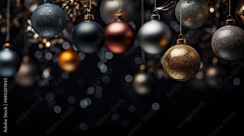 Poster  a group of christmas ornaments hanging from a string on a black background with a boke of lights in the background.