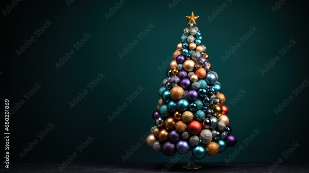Poster a multicolored christmas tree with a star on top of it and a star on the top of it.