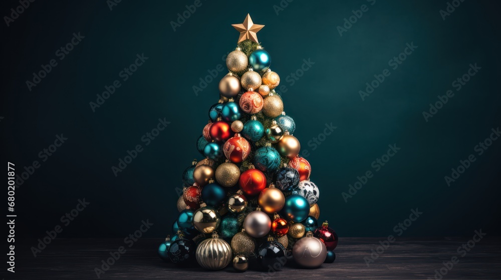Poster a multicolored christmas tree with a star on top of it and ornaments on the bottom of the tree.