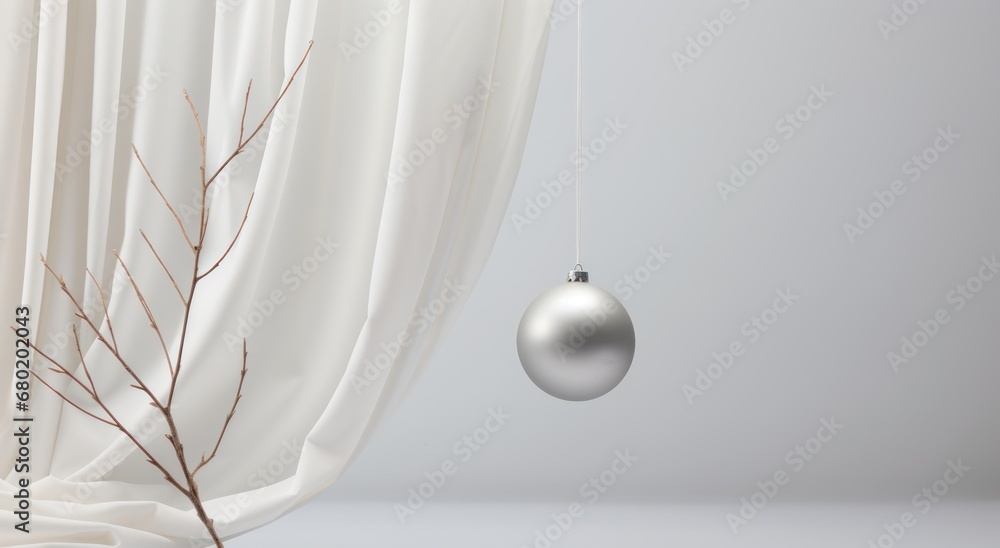 Poster a silver ornament hanging from a twig in front of a white drapes with a twig in front of it.
