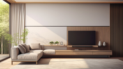 Interior of modern living room with sofa and TV.