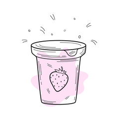 Plastic jar with fruit yogurt. Dairy products. Dessert. Organic homemade food. Vector illustration in hand drawn doodle style. Nutrition concept. Kitchen image. Illustration for a cookbook.