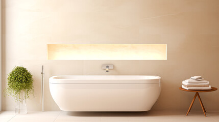Fototapeta na wymiar Bathroom interior with white bathtub and wooden shelf.