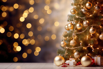 Fototapeta na wymiar Greeting Christmas card with Christmas tree and baubles