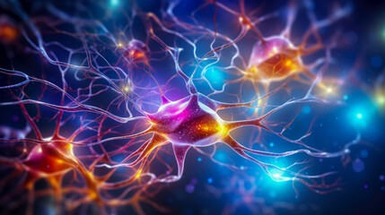 Neuron cell, 3D illustration. Neuron cell with neurons activity. Neuron cell close-up.