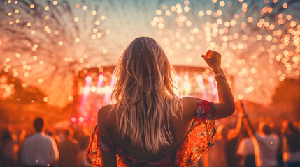 Back view of a girl dancing in front of the crowd at a music festival