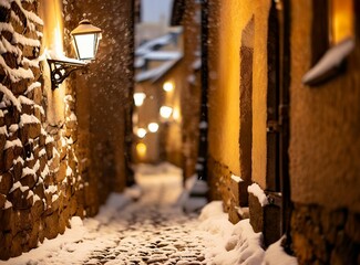 Narrow cobbled lantern streets on winter season