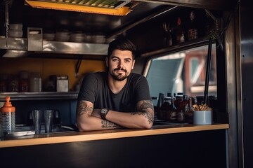 Portrait of a caucasian man cook seller of a street food truck, inside of food truck with crossed arms