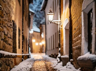 Narrow cobbled lantern streets on winter season