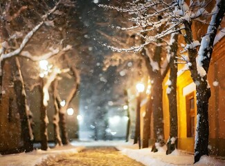 Narrow cobbled lantern streets covered by snow on Christmas