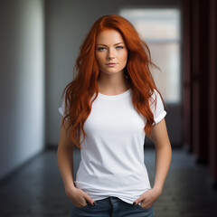 White mock up Portrait of a happy stunnig red hair woman with long hair hands in pocket and white 