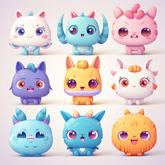  irresistibly cute characters with big eyes, pastel colors, and endearing expressions created with Generative Ai