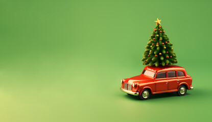 3D red car with a Christmas tree from above on a green background