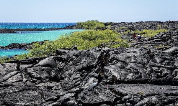 Hawaii black lava field with green lagoon and sea