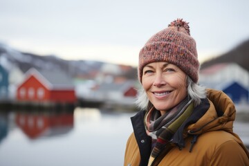 Portrait of a glad woman in her 50s dressed in a warm ski hat against a beautiful coastal village background. AI Generation