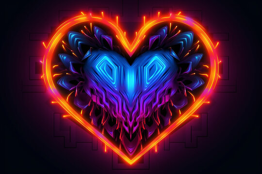 Neon heart with blue neon lights on dark background. 