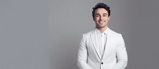The isolated businessman, dressed in a fashionably white suit, poses for the camera with a happy smile on his face, his portrait displaying a cute and confident model.