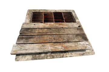 old  wooden cover for closing drain pipes  isolated on white background. This has clipping path.
