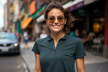 Fototapeta premium Portrait of a merry woman in her 30s wearing a breathable golf polo against a vibrant market street background. AI Generation