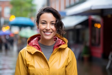 Portrait of a smiling woman in her 30s sporting a waterproof rain jacket against a vibrant market street background. AI Generation