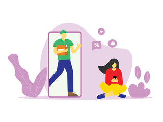 Delivery man come out from smartphone delivering package for customer. fast delivery service concept flat illustration
