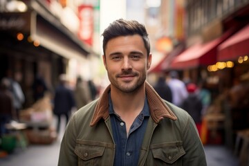 Portrait of a content man in his 30s sporting a rugged denim jacket against a vibrant market street background. AI Generation