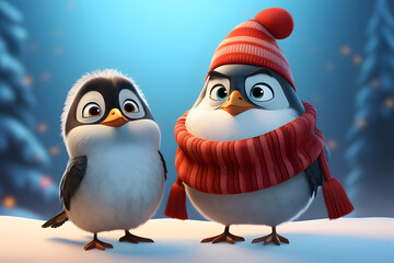 Obraz premium two funny abstract birds in a winter knitted hat and scarf. illustration, 3d cartoon characters. a couple of funny friends.