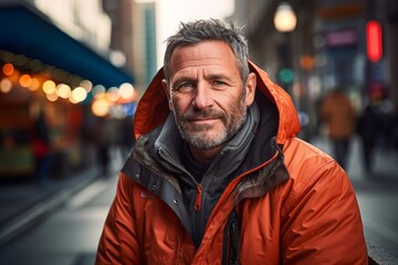 Portrait of a satisfied man in his 50s wearing a thermal fleece pullover against a vibrant market...