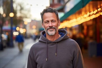 Portrait of a satisfied man in his 50s wearing a thermal fleece pullover against a vibrant market street background. AI Generation