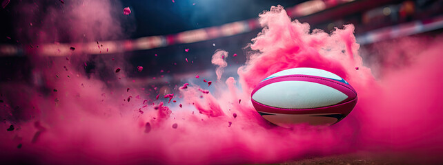 Creative and pop rugby banner, Rugby Ball Suspended in the Air during a match, Surrounded by Pink Smoke, panorama wallpaper for your design, mockup 