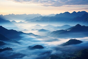 sunrise foggy mountains over mountains and forest