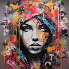 urban graffiti-style art with intricate tags, murals, and street art elements with woman face created with Generative Ai