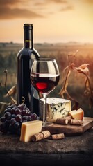 wine bottle with red wine with two wineglasses, grape and different types of cheese on the restaurant table outdoors, background of vineyard fields with grape