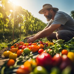 Photoshoot of a Farmer Tending to a Bountiful Vegetable Garden