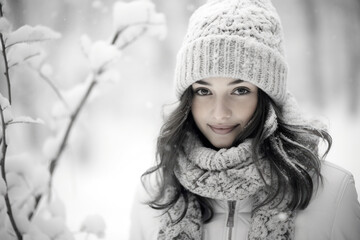 Portrait of a cute girl with long dark hair wearing handmade winter accessories, including a knitted hat and scarf, in a snowy forest. Lifestyle.