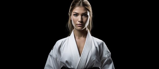 The woman wearing a white Kimono stands on a black background, isolated from the surroundings, showcasing her dedication to fitness and a healthy lifestyle through her intense training and exercise - Powered by Adobe