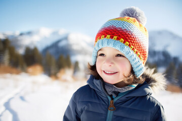 Portrait of a cute happy little boy in a bright hat and blue jacket against the backdrop of snow-capped mountains, cozy atmosphere. Winter accessories concept, weekend.