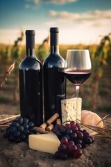 wine bottle with red wine with two wineglasses, grape and different types of cheese on the restaurant table outdoors, background of vineyard fields with grape